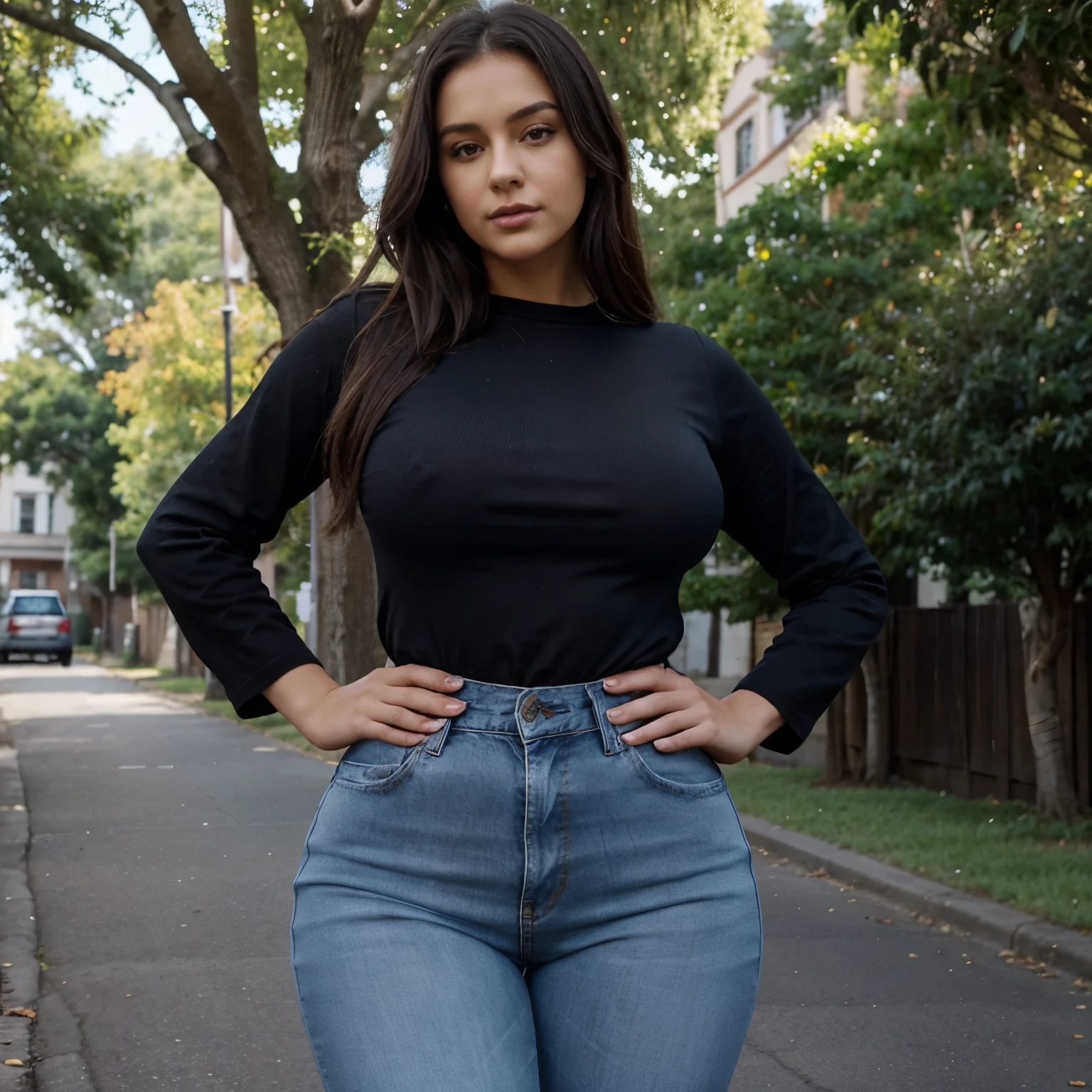 The image shows a woman wearing a black top and blue jeans standing in front of a tree with her hands on her hips. The background is a tree lined street.23 year lady, big thighs, medium size , seducing look,ultrarealistic