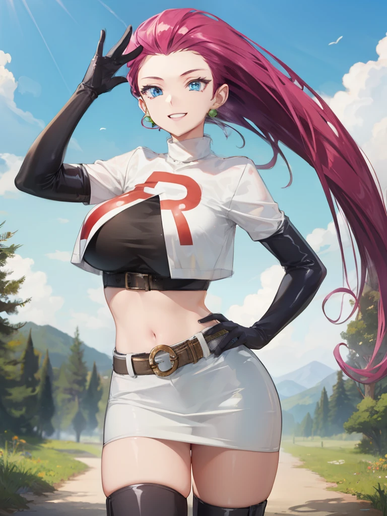 jessie pokemon, solo, team rocket, gloves, hair slicked back, long hair, jewelry, skirt, navel, thighhighs, earrings, elbow gloves, team rocket uniform, crop top, blue eyes, midriff, belt, black gloves, very long hair, smile, black thighhighs, purple hair, looking at viewer, breasts, white skirt, miniskirt, shiny hair, shiny skin, sexy, big breasts, forest 