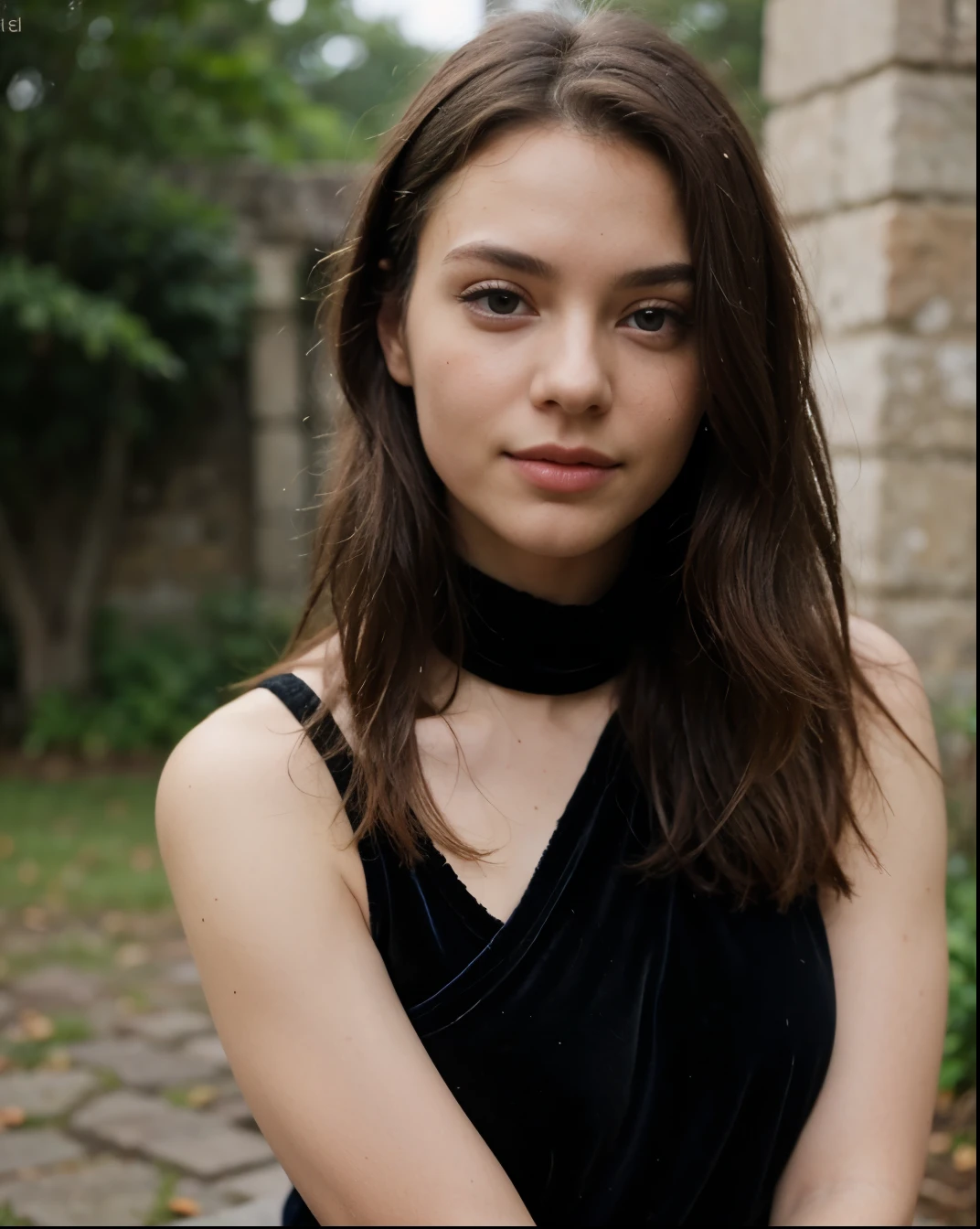 Cute beautiful sexy European light-green-eyed brunette, 22 years old, 

 girl in a scarlet velvet dress, stylish velvet dress,  full body view, velvet  scarlet dress, scarlet dress, elegant dress,  castle ruins, nature, pumps, full body view, bare legs,

innocent face, face-length 1.3 times the face-width, almond-shaped eyes, squared face-shape, high cheekbones, naturally wavy hair, light-green eyes, high-res, masterpiece, best quality, intricate details, very detailed, sharp focus, detailed skin, realistic skin texture, texture, detailed eyes, professional, 4k, charming smile, shot with Canon, depth of field, Kodak Vision color, perfectly fitting body, extremely detailed, photo_\( ultra\), photorealistic, realistic, post processing, maximum details, roughness, real life, ultrarealistic, photorealism, photography, 8k UHD, photography
