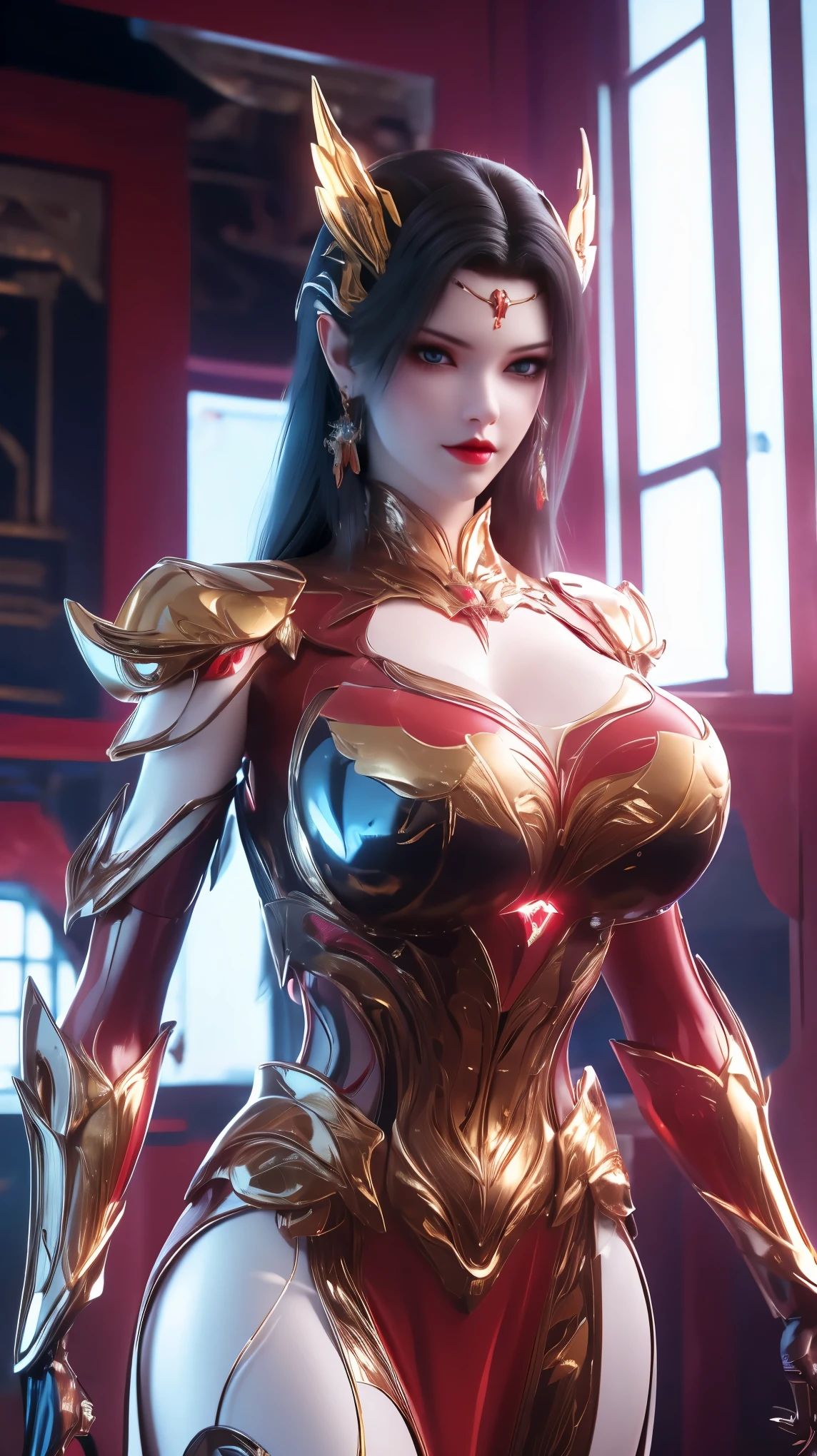 A beauty girl with black hair, 1GIRL, (PHOENIX GOLD HELM),((HUGE FAKE BREASTS,CLEAVAGE:1.5)), (MUSCLE ABS:1.3), ((MECHA GUARD ARMS,DIAMOND CORE IN MECHA:1.1)), (RED SHINY FUTURISTIC MECHA BRA,BLACK SKINTIGHT MECHA SUIT:1.5), (PERFECT THICK BODY, GLOWING BODY SKIN:1.1), (LOOKING AT VIEWER:1.3), (HALLWAY OF FUTURISTIC SPACE STATION:1), (BRIGHT LIGHT WHITE_ROOM:1.3), HYPER TEXTURE, UNREAL ENGINE RENDER, PHYSICALLY-BASED RENDERING, ULTRA HIGHT DEFINITION, 16K, 1080P.