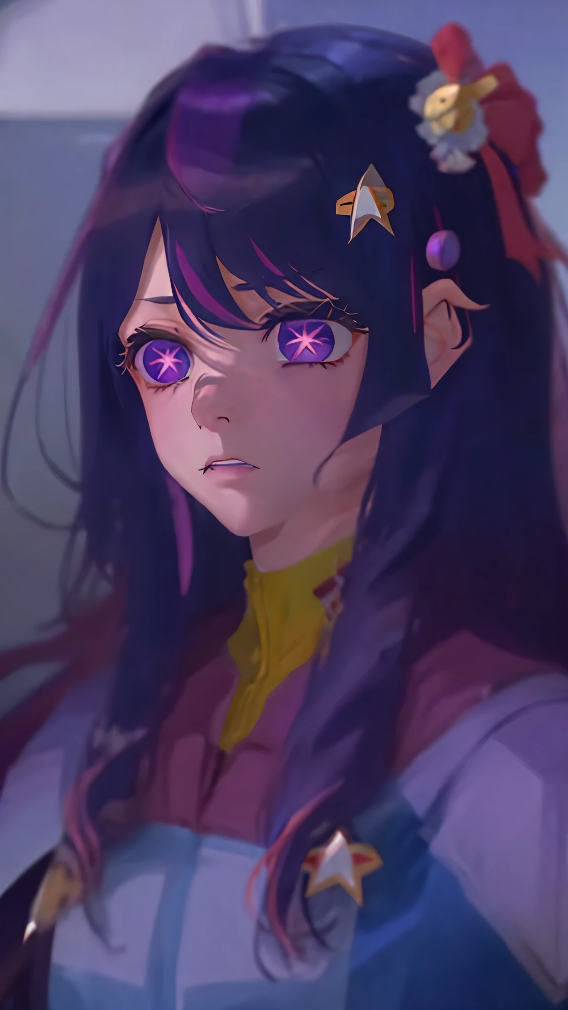 Hoshino Ai, long hair, purple hair, streaked hair ,purple eyes, star-shaped pupils, hair ornament ds9st uniform intenseglare