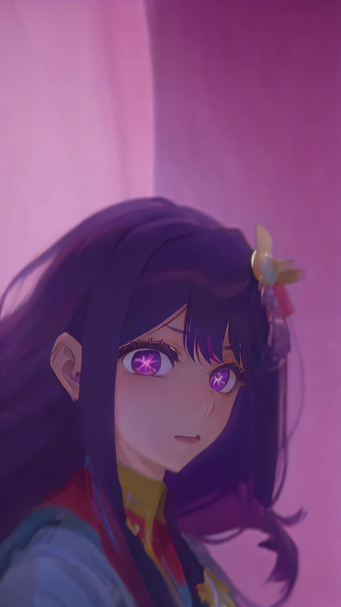 Hoshino Ai, long hair, purple hair, streaked hair ,purple eyes, star-shaped pupils, hair ornament ds9st uniform intenseglare