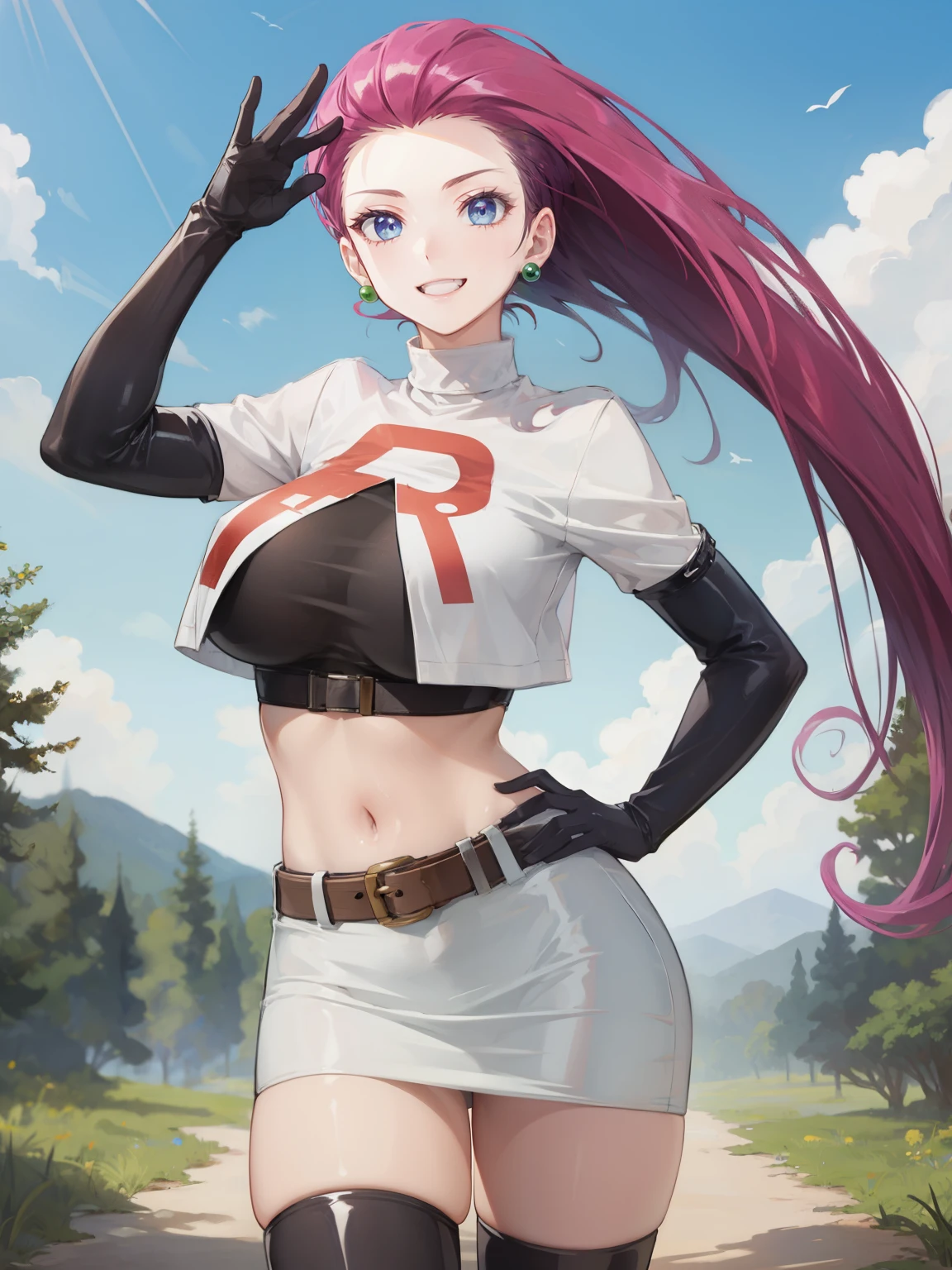 jessie pokemon, solo, team rocket, gloves, hair slicked back, long hair, jewelry, skirt, navel, thighhighs, earrings, elbow gloves, team rocket uniform, crop top, blue eyes, midriff, belt, black gloves, very long hair, smile, black thighhighs, purple hair, looking at viewer, breasts, white skirt, miniskirt, shiny hair, shiny skin, sexy, big breasts, forest