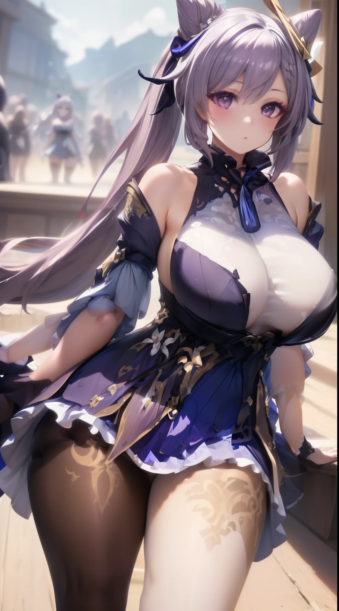 An enchanting visual unfolds, full body, full figure, (Beautiful, Huge_Breasts), very short skirt,
Keqing_a,
a sexy female anime character, 1girl, breasts, solo, thigh boots, thighhighs, large breasts, looking at viewer,
official art, extremely detailed CG unity 8k wallpaper, perfect lighting, Colorful, Bright_Front_face_Lightinasterpiece:1.0),(best_quality:1.0), ultra high res,4K,ultra-detailed,
photography, 8K, HDR, high resolution film grain, blurry background, bokeh:1.2, lens flare, (vibrant_color:1.2), (beautiful_face:1.5), (narrow waist),