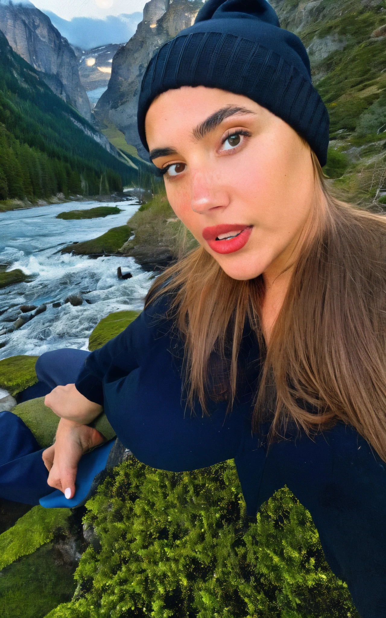 photograph, photo of beautiful woman, selfie, upper body, solo, wearing pullover, outdoors, (night), mountains, real life nature, stars, moon, cheerful, happy, gloves, sweater, beanie, forest, rocks, river, wood, smoke, fog, looking at viewer, skin texture, photo grain, close up,
