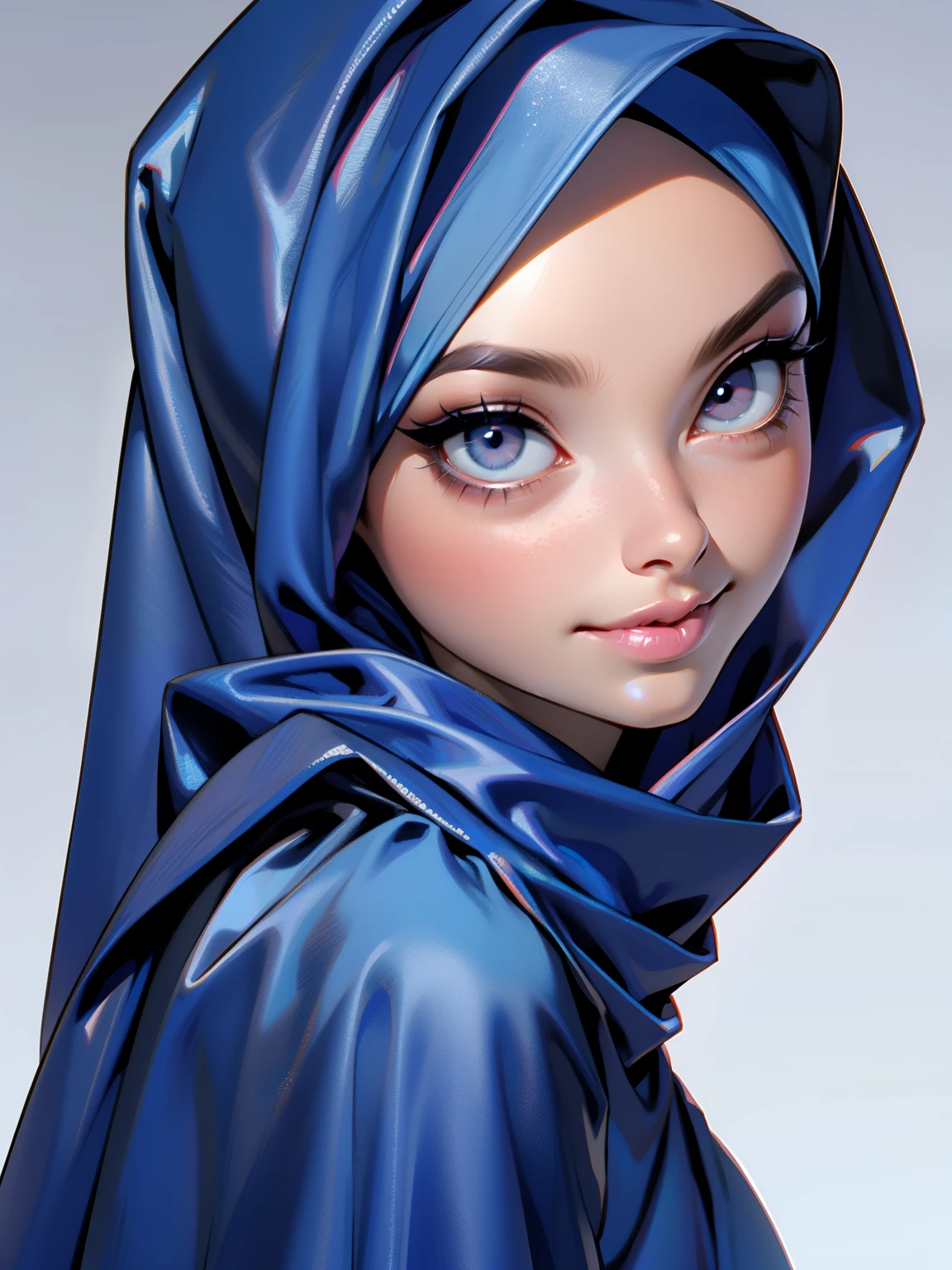 3dmm style, Masterpiece, realistic, best quality, best lighting, beautiful mature Czech woman, 1 girl photo solo, beautifully makeup, eyeshadow, Parted Lips, Detailed Eyes, beautiful big eyes, long eye lashes, dimples on the cheeks, smile, wearing ((Dark blue satin hijab)), loosely tide hijab style, ((gray satin shirt and satin long skirt)), ((front view)), (close up portrait), front view, standing straight, facing the viewer.