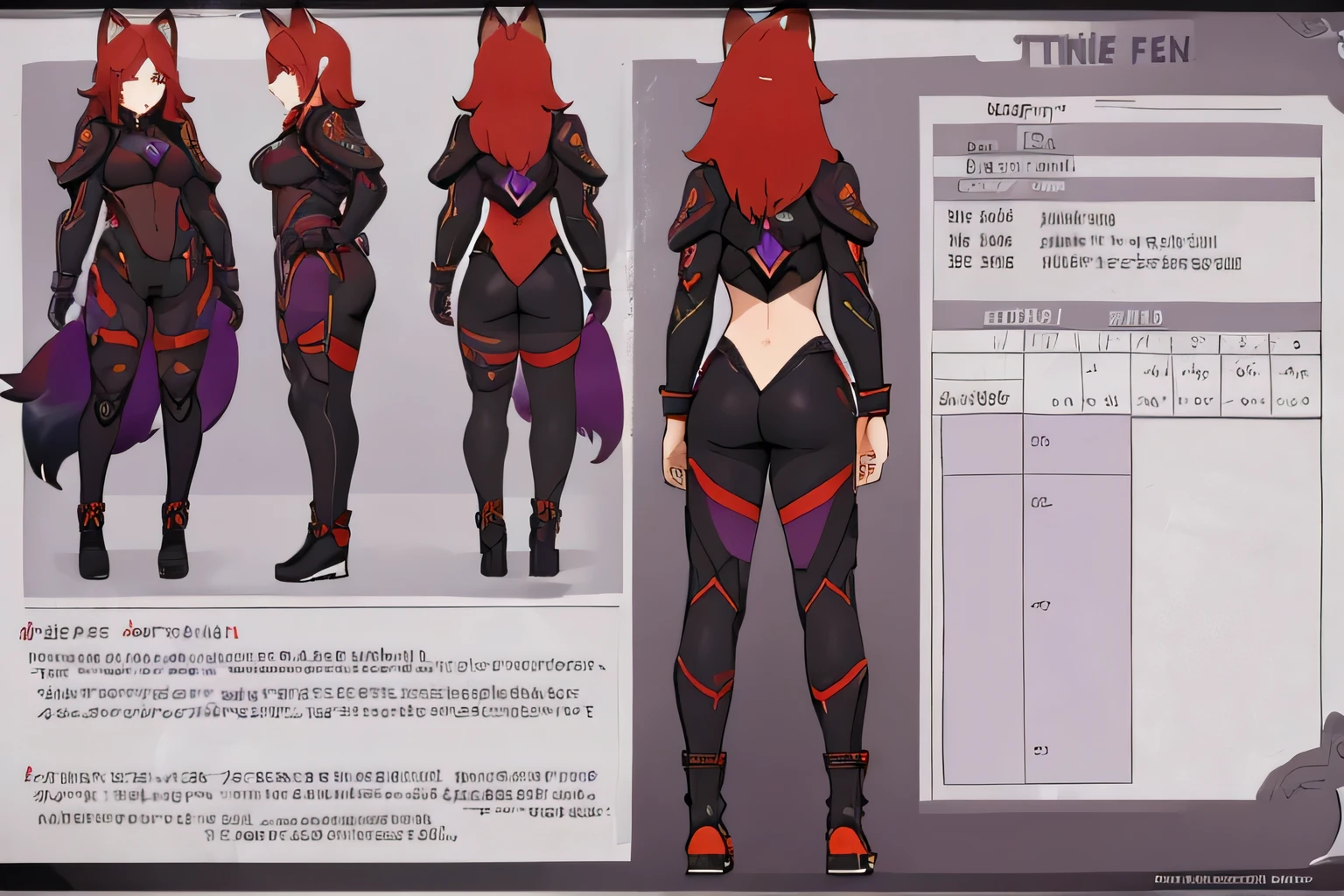 ((girl with red fox ears)), ((long red hair)), ((purple eyes)), ((big )), ((full body)), ((combat suit)), ((character sheet)), ((showing front side, back side))