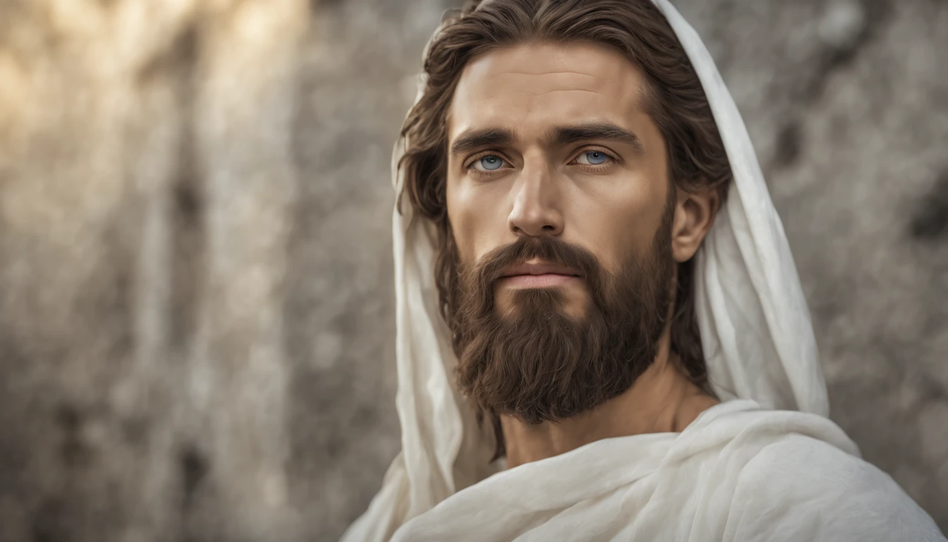 Retrato 8k de Jesus Cristo, with medium beard, (cabelos castanhos escuros e barba), dressed in white and tonic, Intricado, elegante, altamente detalhado, majestoso, Fotografia digital, arte de artgerm e ruan jia e greg rutkowski pintura surreal (obra de arte, side lighting, lindos olhos finamente detalhados: 1.2 ), HDR,