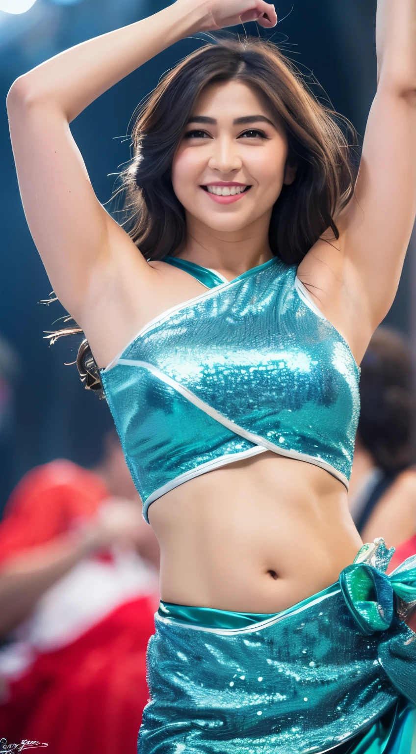 Highly detailed CG Unity 8k wallpaper, of the highest quality, super detailed, masutepiece, Realistic, photos realistic, extremely detailed cute girl, 25 years old, Large breasts  ,(Girl in belly dance dress), Bale cover surface ,  Slim belly
, Round eyes, viewer , Parted lips,  Smile , Full body shot, crowdoutdoor , stage ,  (Armpit)