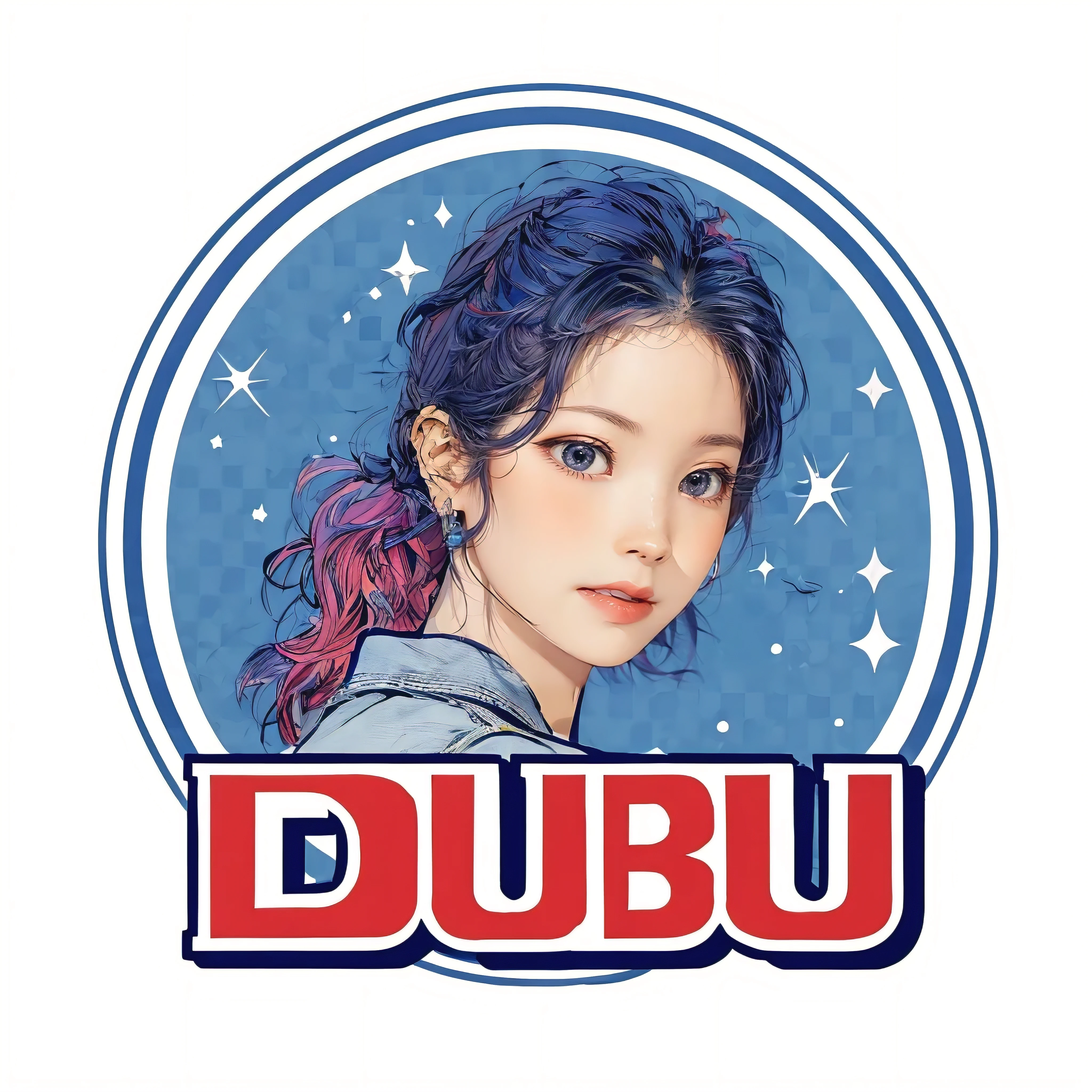 simple logo, circular, head of dahyun from twice, words "DUBU", flat colors, k-pop