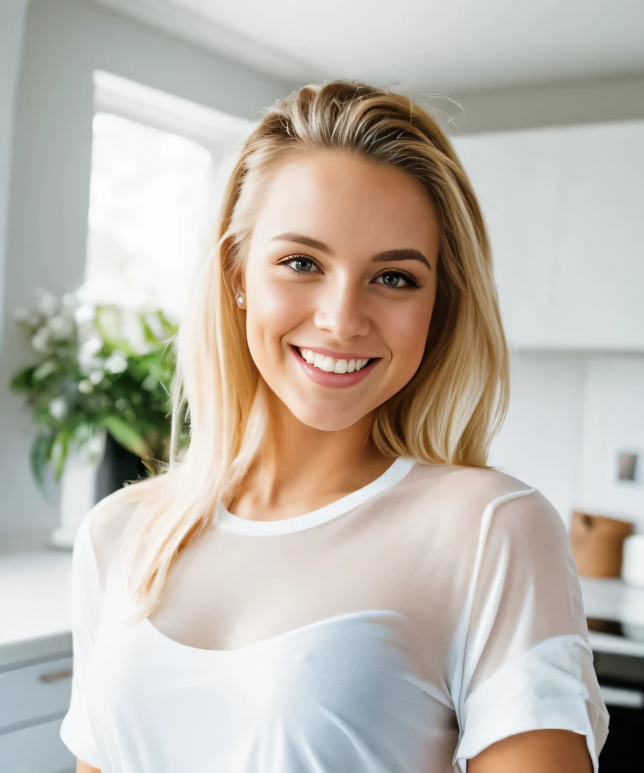 provocative photo of blonde smile blonde hair 27 years old beautiful fitted shirt in kitchen naked  can see the through the  body posed looking at camera transparent clothes, blonde beautiful hair, beautiful lips hands, eyes. full length photograph oil shining on body,wet clothes tight and body good brest