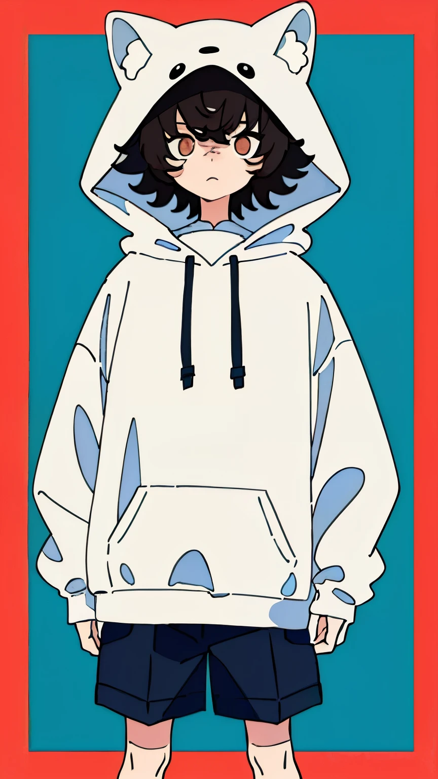 (masterpiece, Best quality) ,whole body, boy, shorts, long sleeve hooded sweater, with floppy ears like a dog's, bored expression, fluffy thick hair, burning bright eyes , (One), standing, (masterpiece), ((Best quality)), (ultra detailed), detailed information, flat colors, Colorful, (1other:1.1), Tachi-e, no designs on clothes