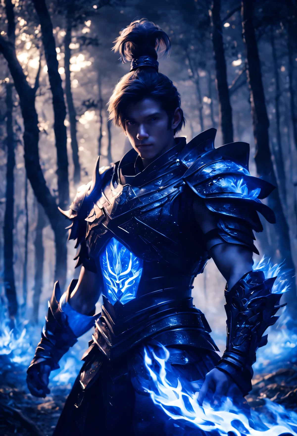 A young male ager holding a blue fire, Wearing Chinese black armor, in dark forest, Cinema lighting, depth of field, glowing light, Ray tracing, reflected light, close up, masterpiece, masterpiece, high quality, best quality, high detail, precise, anatomically correct, textured skin, ultra high definition, high resolution, 1080P