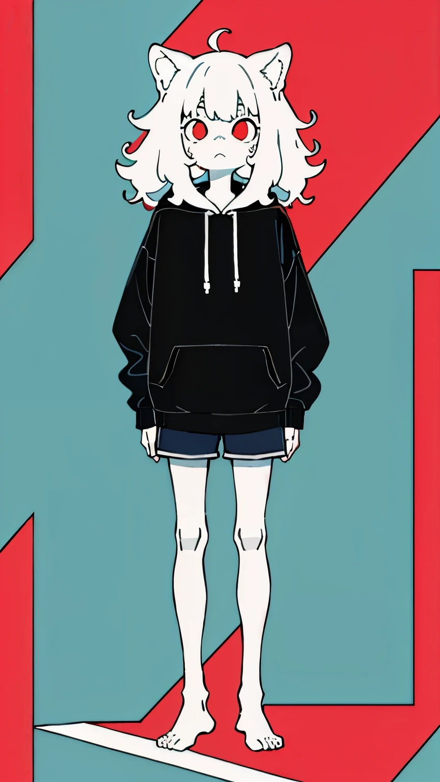 (masterpiece, Best quality) ,whole body, boy, shorts, long sleeve hooded sweater, with floppy ears like a dog's, bored expression, fluffy thick hair, burning bright eyes , (One), standing, (masterpiece), ((Best quality)), (ultra detailed), detailed information, flat colors, Colorful, (1other:1.1), Tachi-e, no designs on clothes