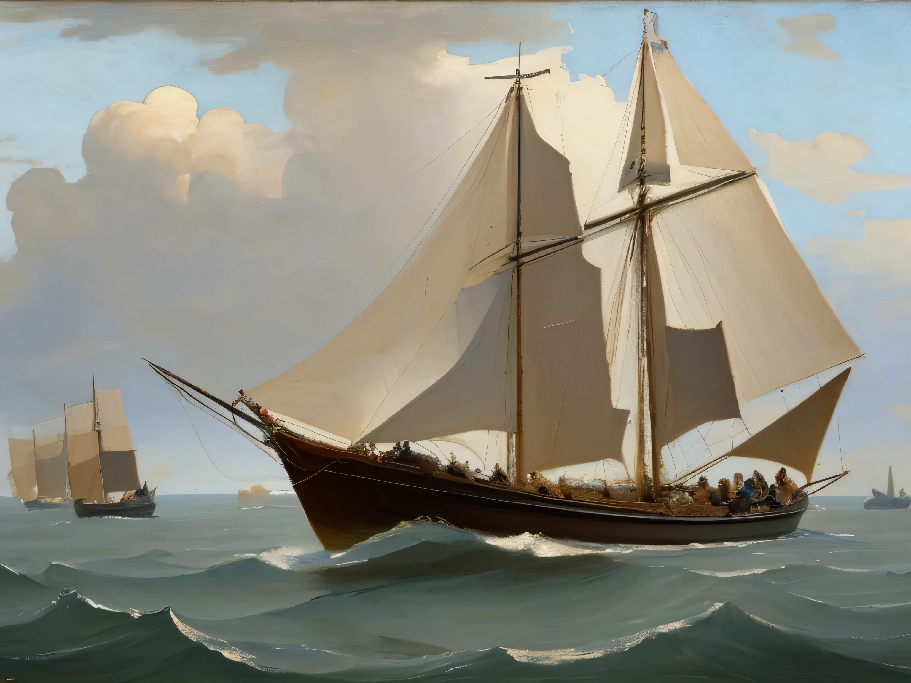 a painting shows boats sailing in the water, in style of tom roberts dutch and flemish, esaias van de velde, hubertine heijermans