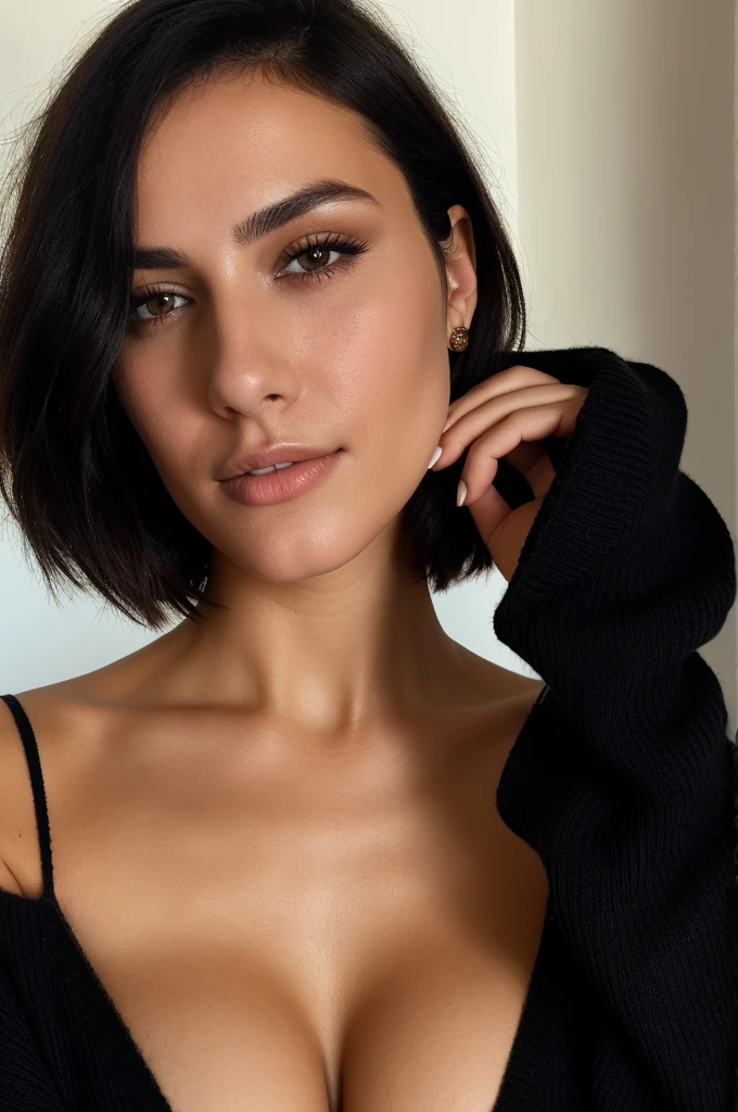 instagram photo, 21yo french woman, short hair, black hair, closeup portrait, sweater, cleavage, pale, hard shadows