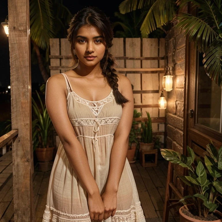 lovely cute young attractive indian girl, brown eyes, gorgeous actress, 23 years old, cute, an Instagram model, Indian,Side Dutch Braid for Girls, night dress 