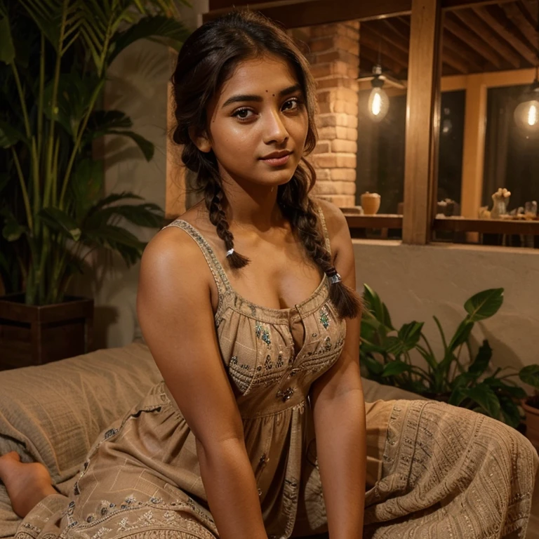 lovely cute young attractive indian girl, brown eyes, gorgeous actress, 23 years old, cute, an Instagram model, Indian,Side Dutch Braid for Girls, night dress