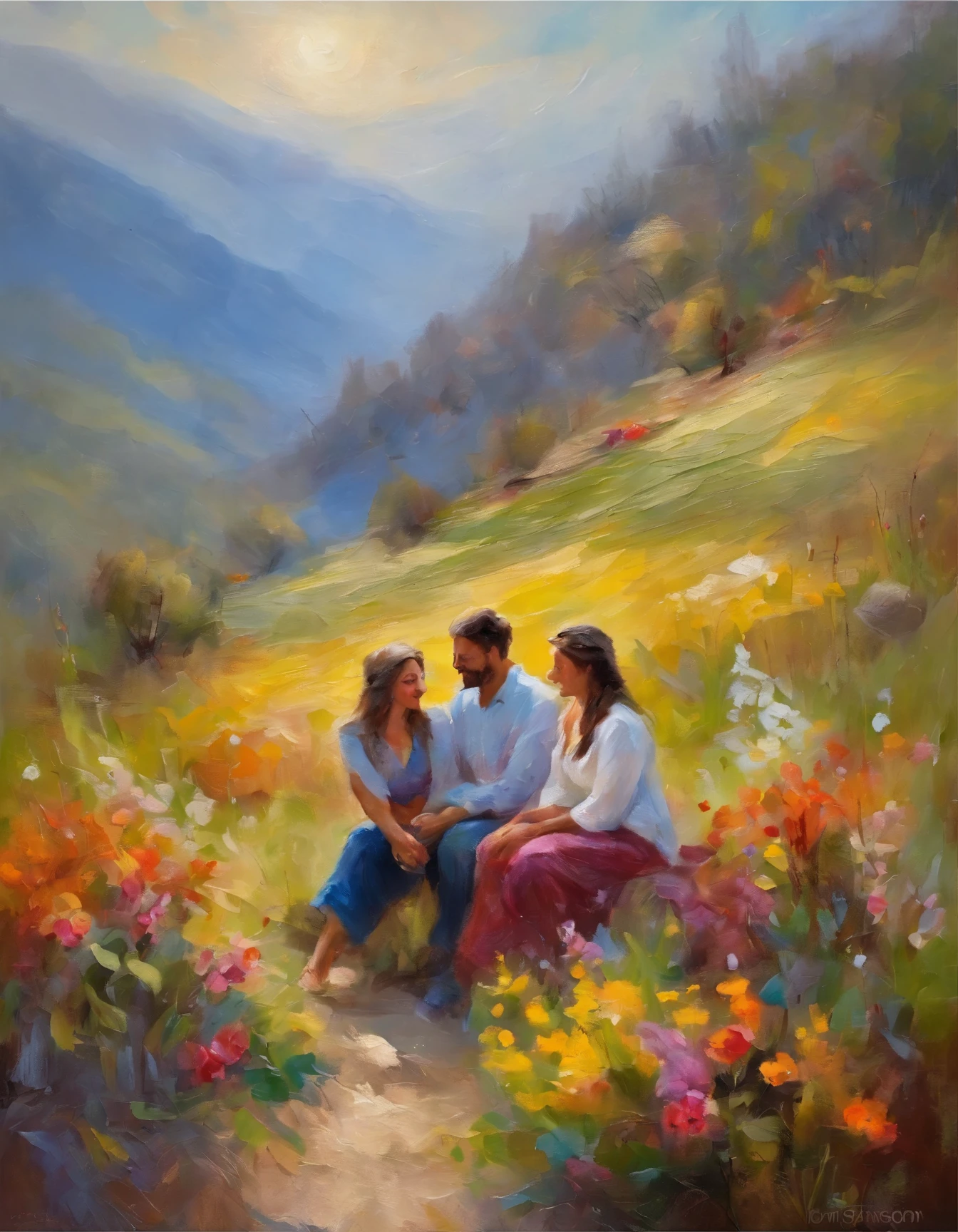 A romantic couple sitting in a mountain vally, expressing love each other with smiling face, surrounding with flower plants, devine environment, spring season, masterpiece, ultradetail, 8k