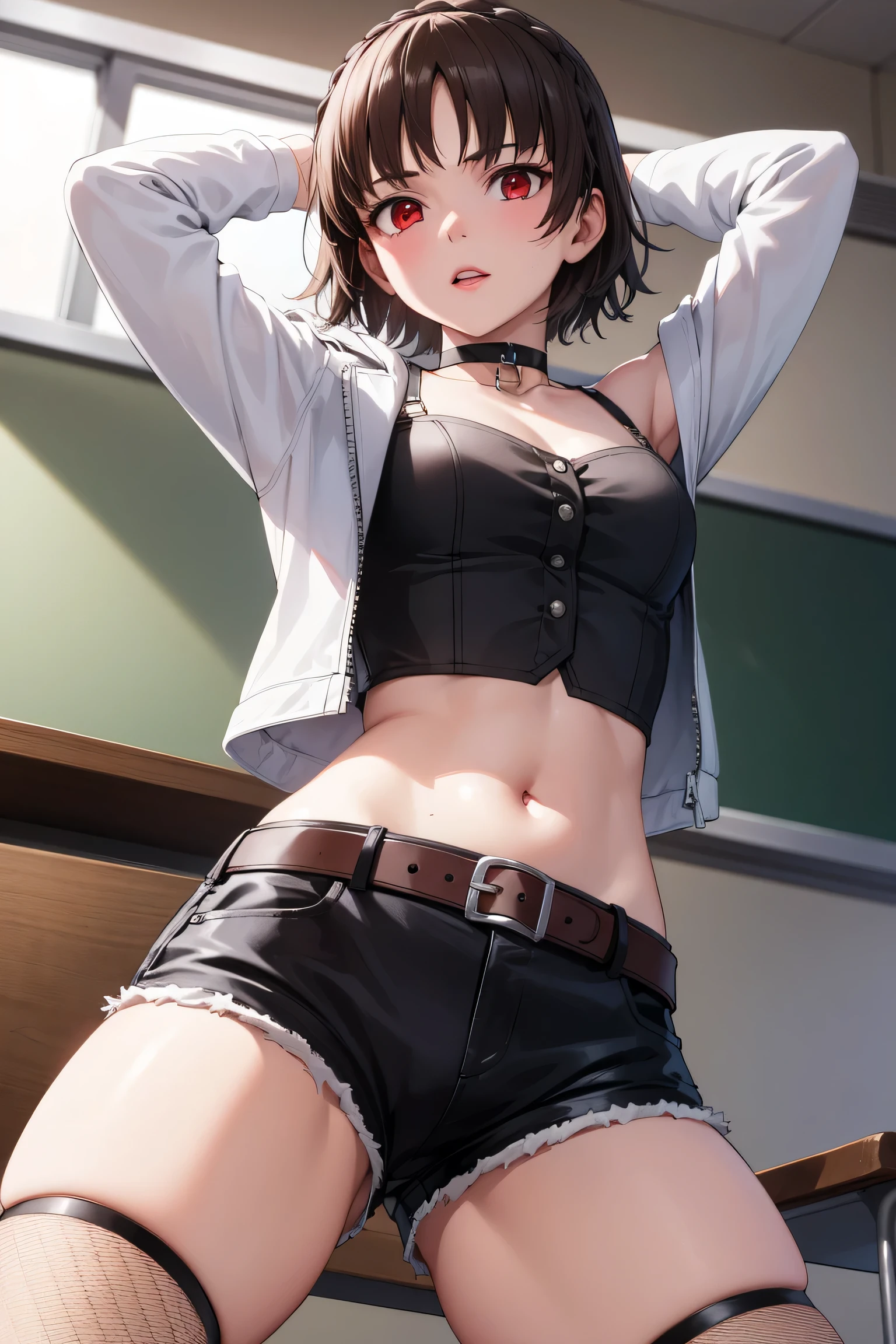 makotonijima, makoto nijima, blunt bangs, braid, brown hair, crown braid, (red eyes:1.3), short hair,
BREAK (black choker, off shoulder, cropped jacket, white jacket, long sleeves, midriff, belt, black shorts, short shorts, single thighhigh, fishnets:1.2)
BREAK looking at viewer, spread legs, ((from below)), arms behind head,
BREAK indoors, classroom,
BREAK (masterpiece:1.2), best quality, high resolution, (extremely detailed CG unity 8k wallpaper), (masterpiece), (best quality), (ultra-detailed), (best illustration), (best shadow), (absurdres), (perfect hands, perfect anatomy),