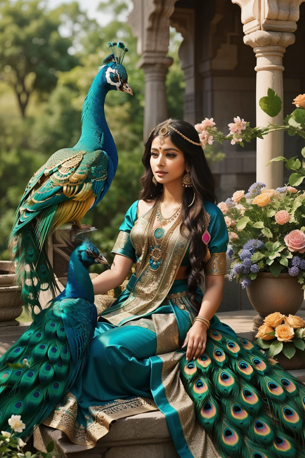 a woman sitting on a ledge with a peacock next to her, beautiful costume, indian goddess, a beautiful fantasy empress, blue colored traditional wear, princess jasmine, ((a beautiful fantasy empress)), clothes themed on a peacock mage, ornate cosplay, beautiful goddess, traditional beauty, beautiful cleopatra, gorgeous woman, beautiful maiden, fantasy photoshoot, beautiful queen