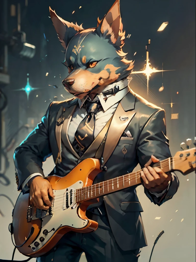 (suit、tie men)Cartoon of electric guitar instrument player、Anthropomorphic Doberman dog