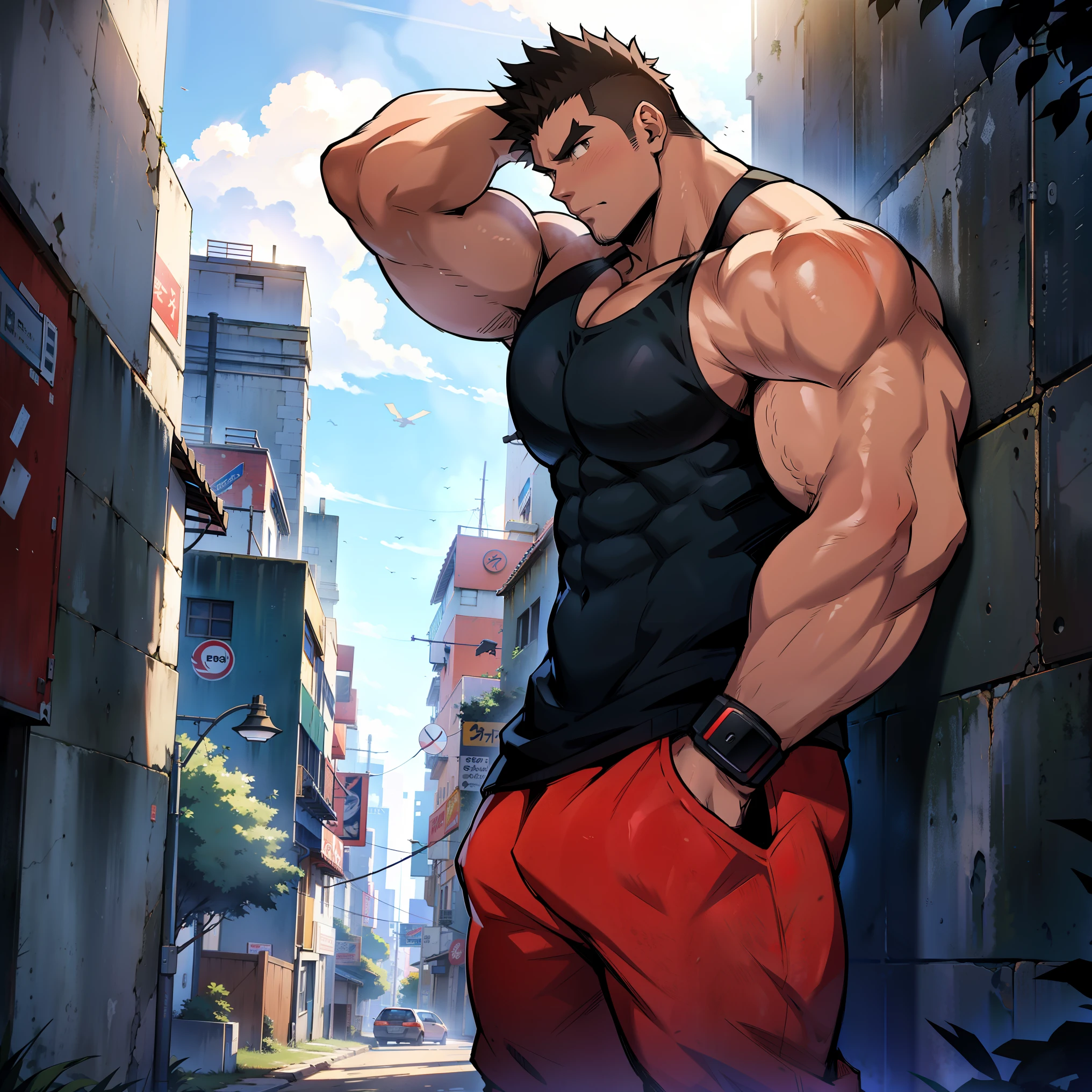 ((Anime style art)), Extremely muscular masculine character, bodybuilder body, wearing a sleeveless V-neck shirt, hands raised at neck level, The character is leaning against a wall. Pockets, Futuristic cityscape, Busy route, Buildings, person
AS & Vehicles. Main character from the anime, Nice image, Hard drive, 4k, Main character leaning against a wall with his hands at face level.