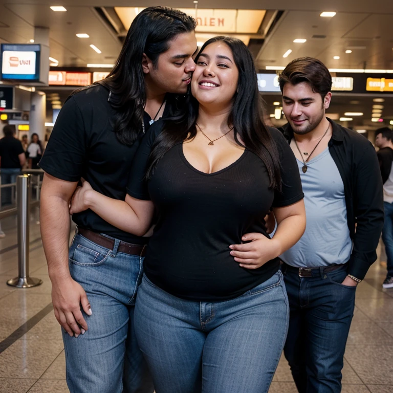 Chubby fat bbw nerdy latina young woman (20 years old), chubby belly, long straight black hair, wearing black shirt and blue jeans, Golden necklace,man hugging from behind, romantic kissing, passion Kiss, smiley expression,with several tall men, 4 men, in airport