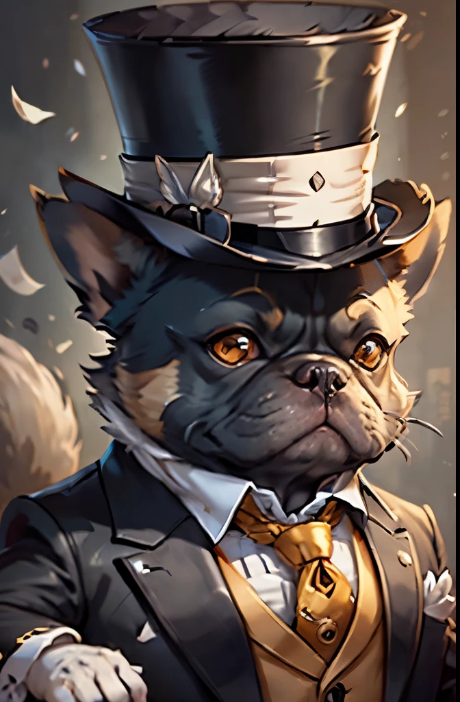(suit、tie、top hat man)Cartoon of trumpet instrument player、anthropomorphic french bulldog