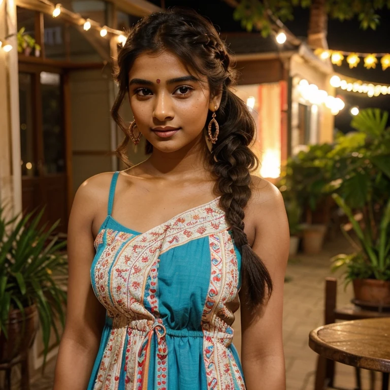 lovely cute young attractive indian girl, brown eyes, gorgeous actress, 23 years old, cute, an Instagram model, Indian,Side Dutch Braid for Girls, colourfull night dress