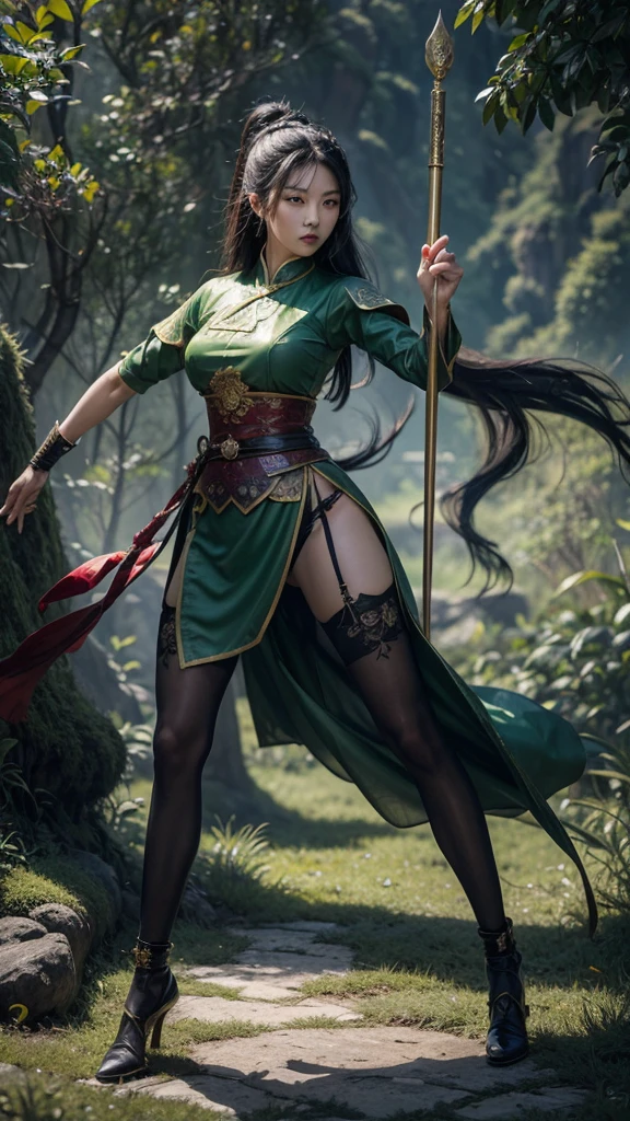 ((full body illustration)), high definition|quality|contrast. Magic fantasy art. an imposing Chinese warrior woman holding a staff in a combat pose, ((attack pose)), looking at the viewer, traditional dress in shades of green, tattoo on her leg, (swirl of leaves around), wind, soft ambient light.