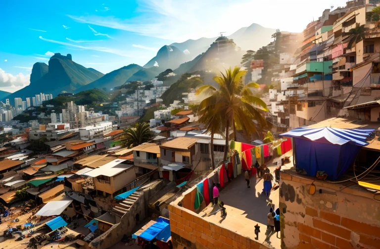 buildings and a palm tree in a city with mountains in the background, an opulent favela environment, rio de janeiro favela, favelas in rio, favela, favelas, location ( favela ), location ( favela _ wall ), ancient ruins favela, futuristic favela, rio de janeiro, outdoors tropical cityscape, by Felipe Seade, shutterstock LEGO, JULLIETE OKLAY, NIKE , CAR , MONEY, DOG