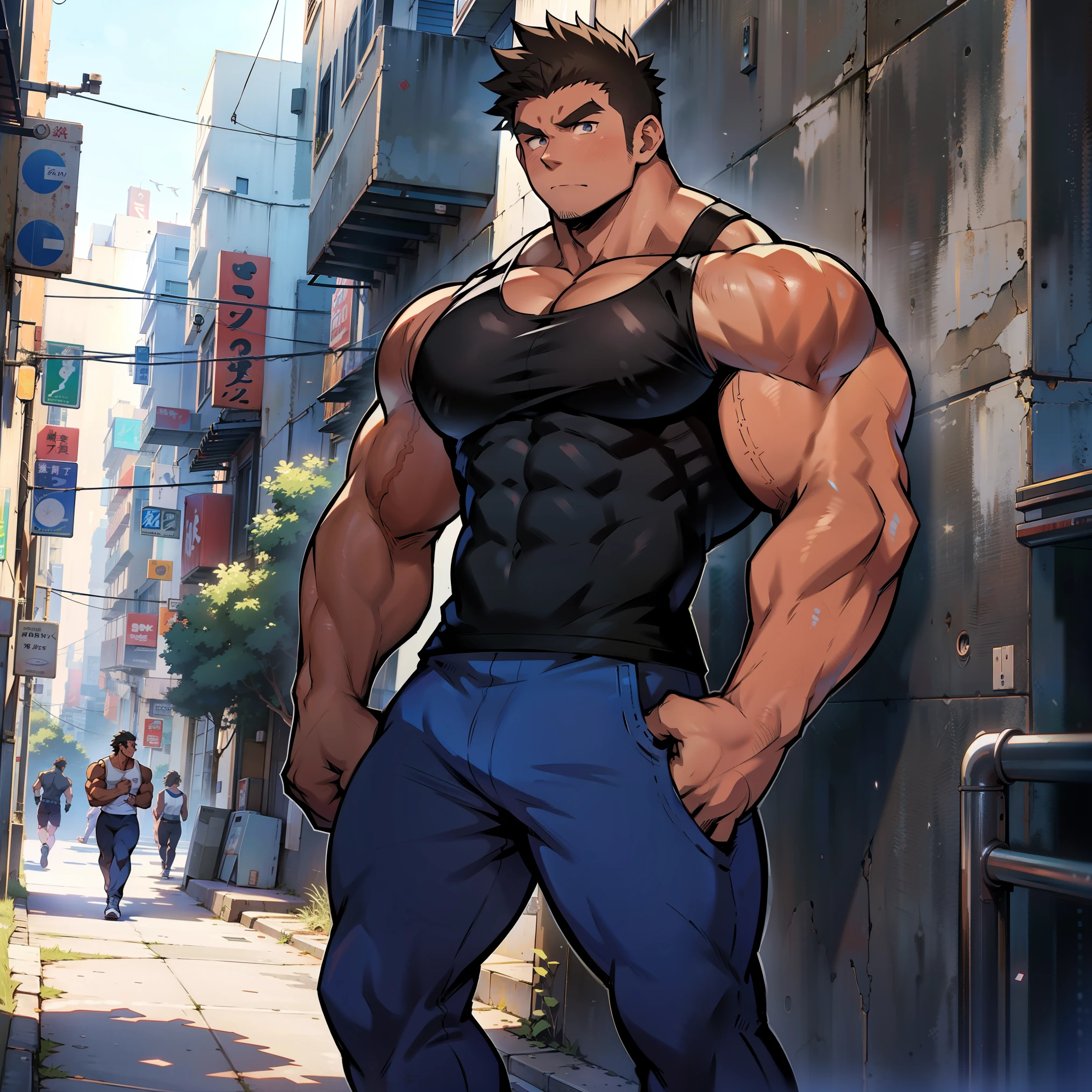 ((Anime style art)), Extremely muscular masculine character, bodybuilder body, wearing a sleeveless V-neck shirt, hands raised at neck level, The character is leaning against a wall. Pockets, Futuristic cityscape, Busy route, Buildings, person
AS & Vehicles. Main character from the anime, Nice image, Hard drive, 4k, Main character leaning against a wall with his hands at face level.