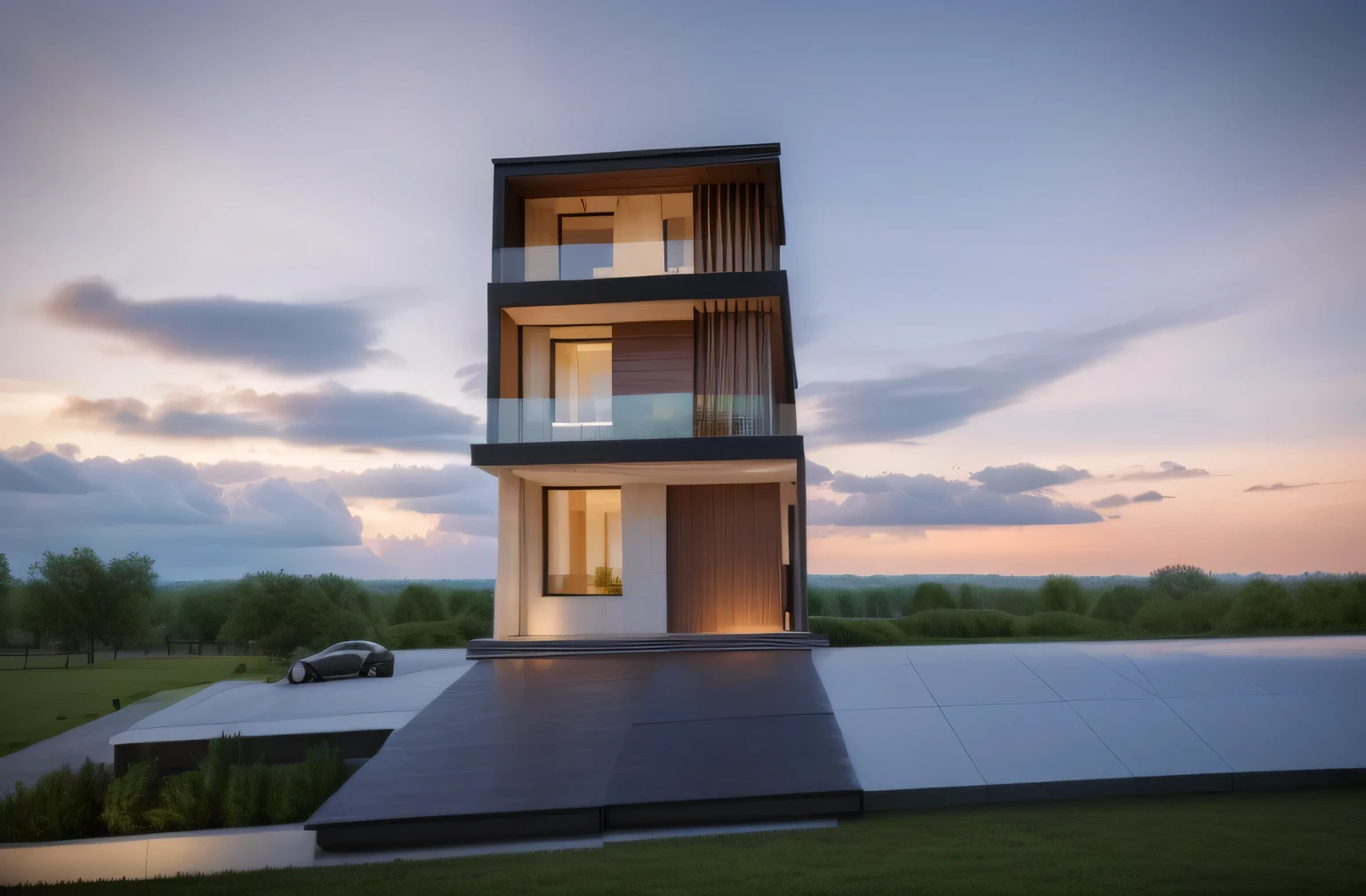 (masterpiece),(high quality), best quality, real,(realistic), super detailed, (full detail),(4k),8k,modern house exterior design,Modern architecture,Beautiful_sky,partly_cloud,sunset, no_humans, outdoors,sky,tree,