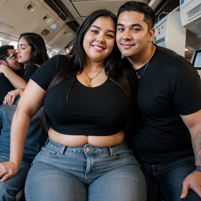 Chubby fat  nerdy latina young woman (20 years old), chubby belly, long straight black hair, wearing black shirt and blue jeans, Golden necklace,man hugging , romantic kissing, passion Kiss, smiley expression,with several tall men, 2 men, sitting inside airplane