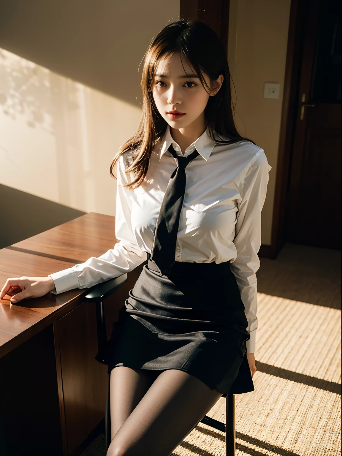 1girl,young girl, shiny skin,medium breasts,nice leg line:1.3, thin waist,, thighhighs,necktie,((pencil skirt)),looking at viewer,from below,( pantyhose:1.3),(The golden ratio figure),(Office, sit in a chair:1.3),Close range
masterpiece, best quality, best perspective, ultra-detailed and intricate, extremely delicate and beautiful, best quality light, (ray tracing:1.1), anti-aliasing,
realistic,photorealistic,award-winning illustration,(intricate details:1.2),(delicate detailed) (intricate details),(cinematic light,best quality Backlights),clear line,sharp focus,official art,unity 8k wallpaper,absurdres,incredibly absurdres,huge filesize,ultra-detailed,highres,extremely detailed extremely delicate and beautiful,RAW photo, professional lighting,dynamic lighting,light on the face,depthoffield,solofocus,