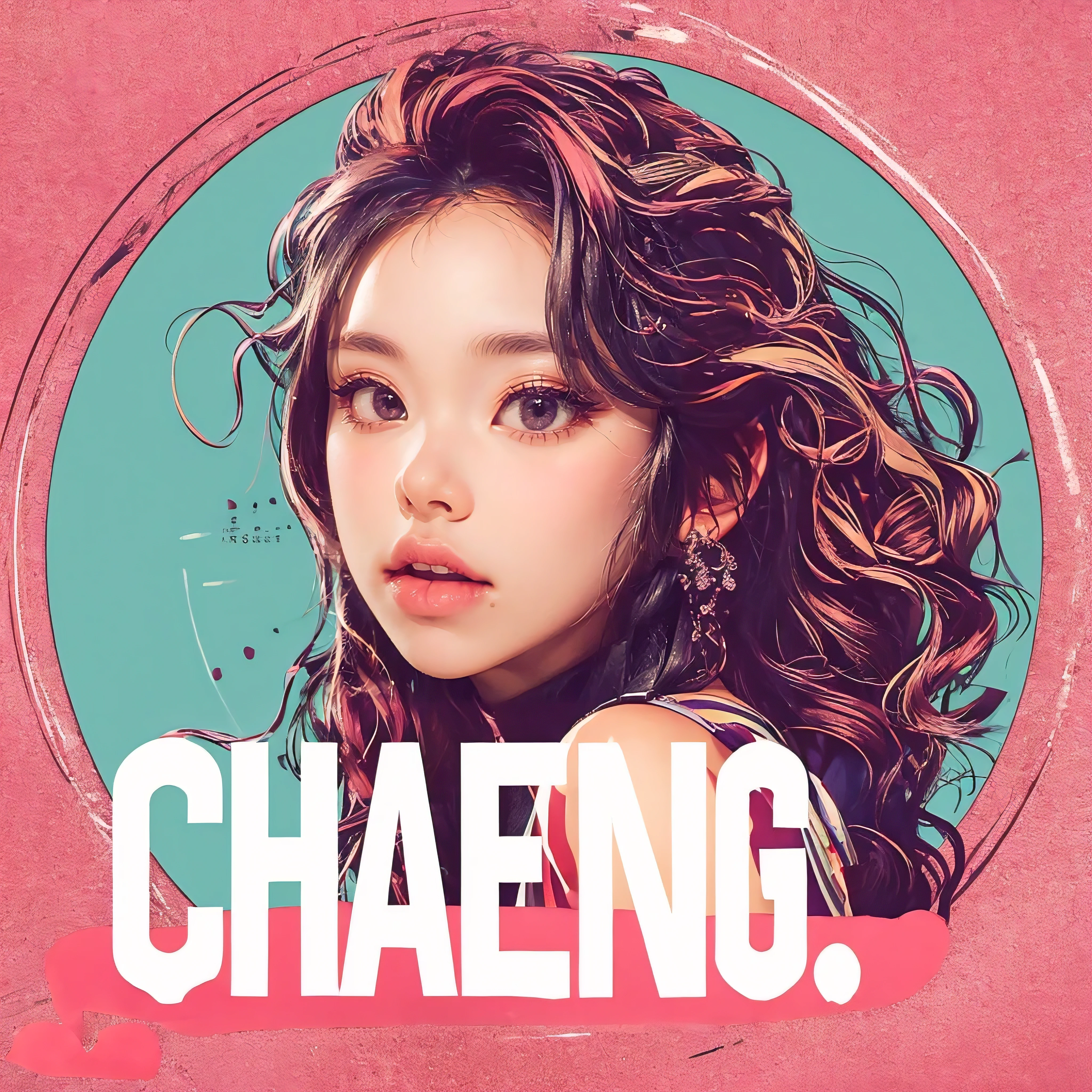 simple logo, circular, head of chaeyoung from twice, words "CHAENG.", flat colors, k-pop
