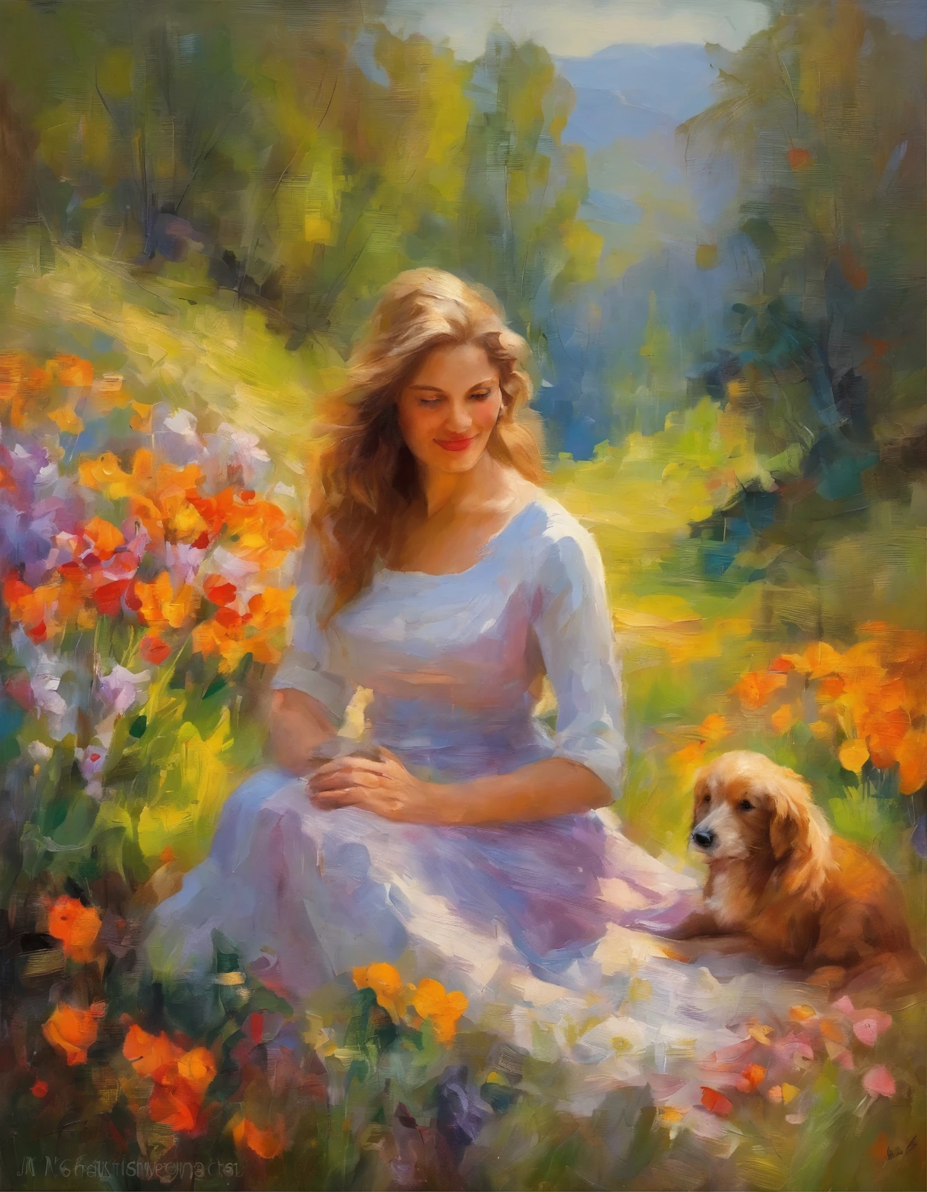A beautiful woman sitting in a mountain vally, expressing love with smiling face,  surrounding with flower plants & a pet dog, devine environment, spring season, masterpiece, ultradetail, 8k