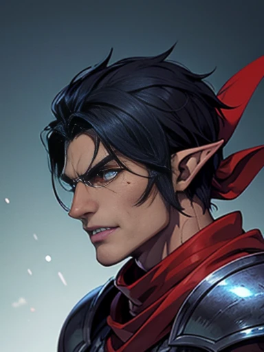 Dark elf male , blues eyes,pointy ears, Black hair, Tribes Scales armor , red scarf ,riot games , fangs
