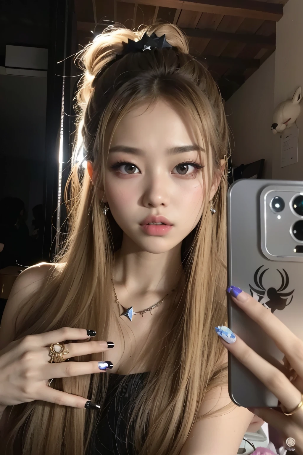 araffe girl with long hair and a star ring taking a selfie, ulzzang, lalisa manobal, lalisa manoban of blackpink, tzuyu from twice, roseanne park of blackpink, popular south korean makeup, portrait of jossi of blackpink, 8k selfie photograph, with long hair and piercing eyes, popular korean makeup