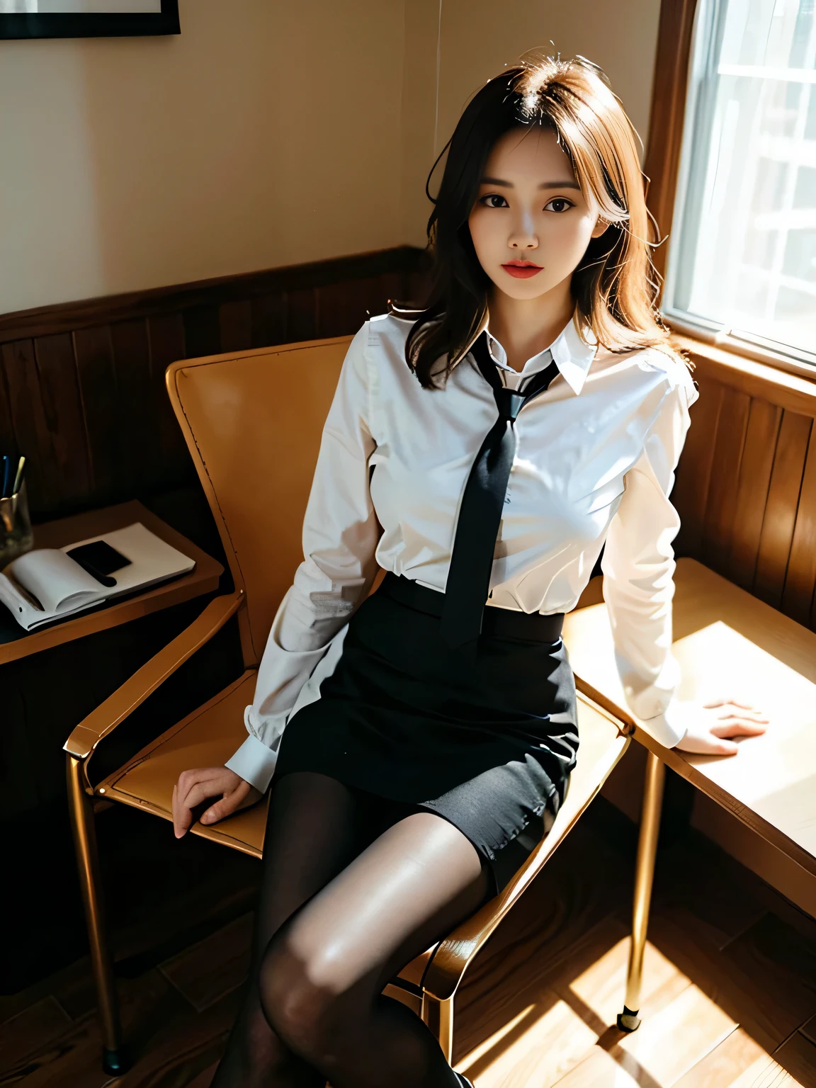 1 girl,young girl, shiny skin,medium breasts,nice leg line:1.3, thin waist,, Thighhighs,tie,((pencil skirt)),looking at the viewer,from below,( pantyhose:1.3),(Golden ratio figures),(office, sit on a chair:1.3),Short
masterpiece, highest quality, Best perspective, super detailed and intricate, very delicate and beautiful, highest quality light, (ray tracing:1.1), anti-aliasing,
realistic,photorealistic,award-winning illustrations,(intricate details:1.2),(Delicate) (intricate details),(cinematic light,highest quality Backlights),clear lines,sharp focus,official art,unity 8k wallpaper,disorganized,incredibly disorganized,huge file size,super detailed,High resolution,extremely detailed very delicate and beautiful,RAW photo, professional lighting,dynamic lighting,light shines on your face,Depth of bounds written,solo focus,