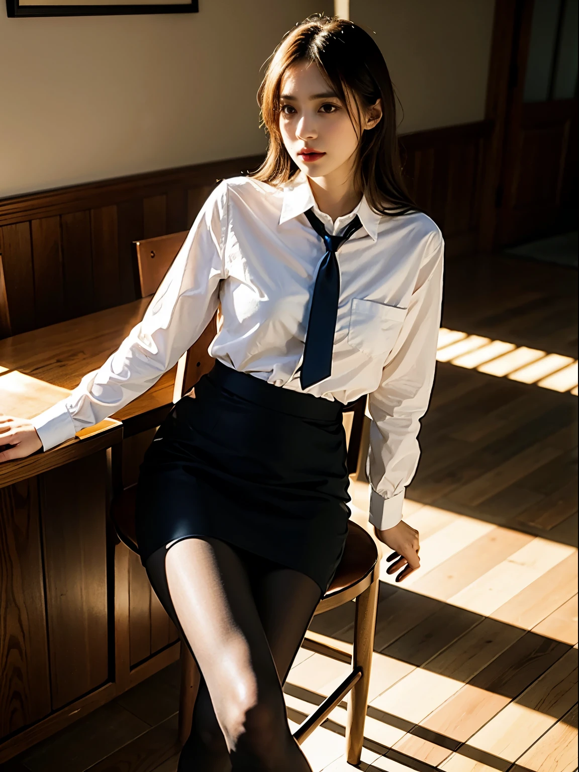 1girl,young girl, shiny skin,medium breasts,nice leg line:1.3, thin waist,, thighhighs,necktie,((pencil skirt)),looking at viewer,from below,( pantyhose:1.3),(The golden ratio figure),(Office, sit in a chair:1.3),Close range
masterpiece, best quality, best perspective, ultra-detailed and intricate, extremely delicate and beautiful, best quality light, (ray tracing:1.1), anti-aliasing,
realistic,photorealistic,award-winning illustration,(intricate details:1.2),(delicate detailed) (intricate details),(cinematic light,best quality Backlights),clear line,sharp focus,official art,unity 8k wallpaper,absurdres,incredibly absurdres,huge filesize,ultra-detailed,highres,extremely detailed extremely delicate and beautiful,RAW photo, professional lighting,dynamic lighting,light on the face,depthoffield,solofocus,