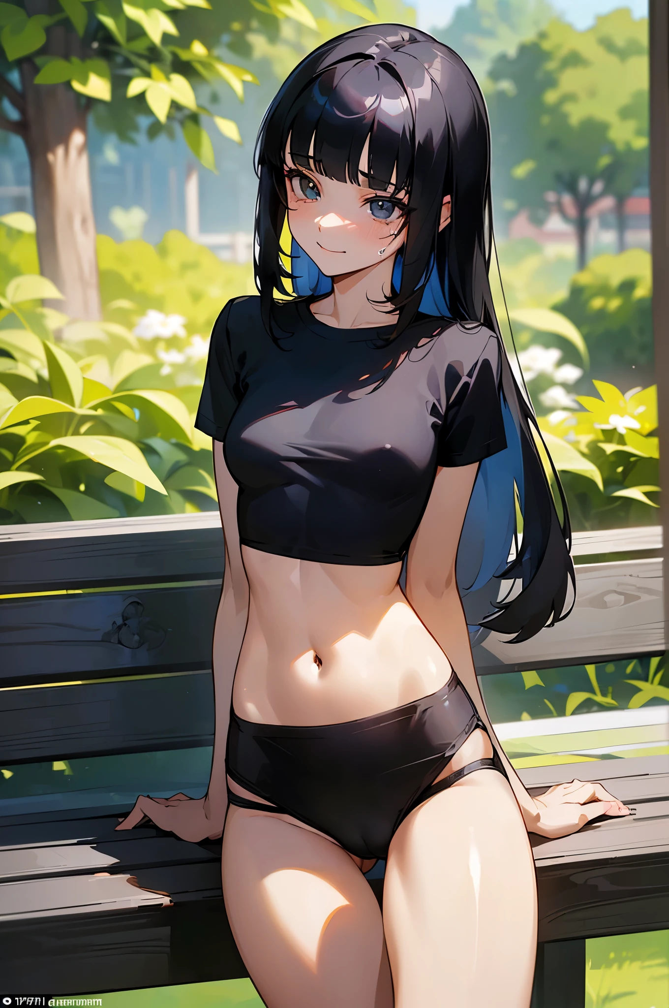 (Detailed beautiful face:1.5,Detailed beautiful eyes),(1woman,solo),cowboy shot,20 year old beauty、black hair,long hair,blunt bangs,black eyes,Detailed beautiful eyes,tearful,Anxious expression、smile for the audience,((smaller head:1.3、skinny,medium breasts)),(((Black T-shirt、Navel is visible、Black panties,gleaming skin,shiny skin)))、sitting,camel toe,bench、On a date、garden、sunny、