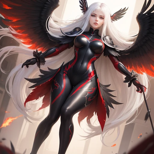 realistic details, full body portrait, pantyhose, beautiful shining face, long sexy lady, red and black tech sexy suit armor, long white hair, floating  windy hair, tech big black wings with red burning feather,  