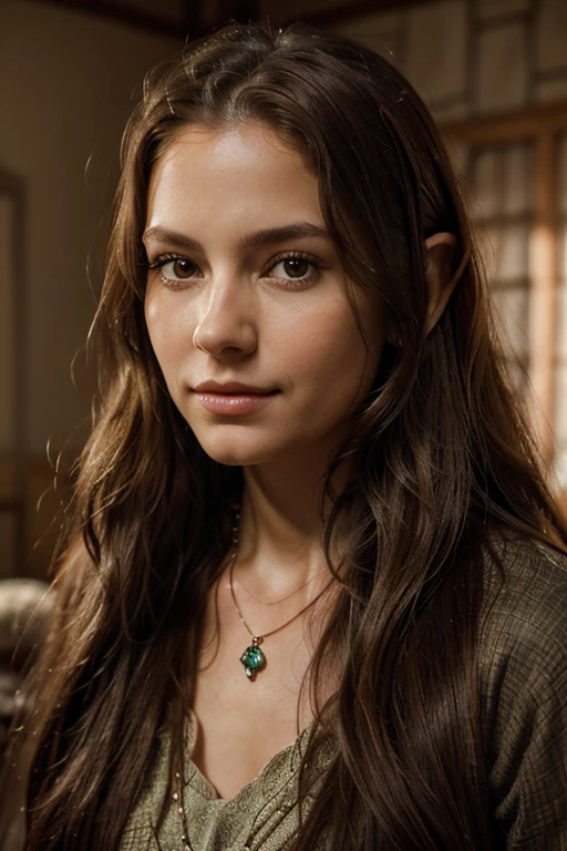 a close up of a woman with long hair and a necklace, a character portrait inspired by Valéria Dénes, trending on cg society, renaissance, realistic shaded perfect face, female character, elf long weaving brown hair, realistic restored face, character with smirk, accurate skin textures, dark messiah female, xana, brown eyes, indoors, renaissance bedroom