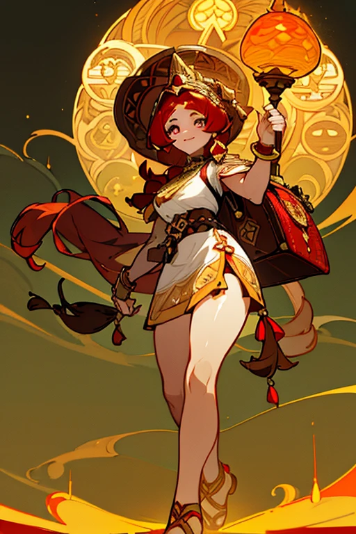 (Masterpiece: 1.5, best quality, high resolution: 1.3, super resolution, super detailed, ultra detailed: 1.3, rich background: 1.2, 1 woman)) brown skin + red hair + long fluffy hair + gray eyes + long eyelashes + no fringe + feminine body + defined figure + medium chest + wide hips + thick thighs (short wide dress, thick belt, high intricate sandals, fabric hanging from her shoulder to her hip, harness on her leg, tribal accessories, intricate details, pyro vision hanging from a thick necklace) ((cheerful expression, holds her backpack, standing on her two legs, solar lighting trees in the background, traveling scholar) (colors of clothing and accessories: white, black, red, cream, gold)