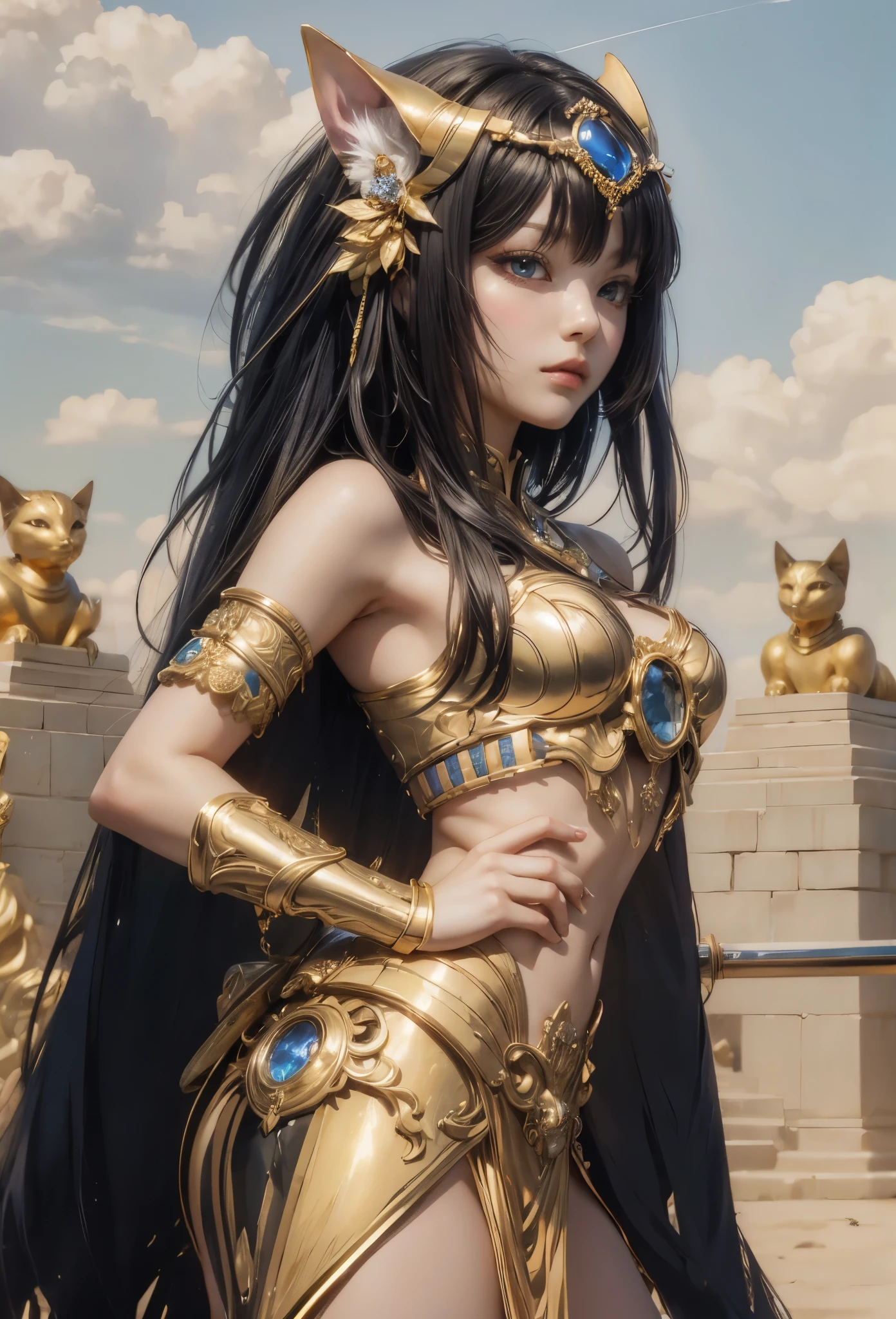 ((Highly accurate drawing in every detail)Extremely precise depiction)[High resolution],(detailed illustrations,とてもfineで緻密な描画,Delicate drawn lines with tempo,Realistic texture expression),[color traced main line],[ruins background [Ancient Egypt]],HENTAI (ANIME Girl (beautiful) 16 years old) cyborg [(tanned skin) [Lustrous black hair]],((Bastet) Beautifully decorated golden cyber armor) ([Complex decorative processing] [elegant],Gorgeous golden luster (Polished reflective luster)) [Gorgeous and luxurious],gravure,[Oparts Lost Technology [Hierograph]],(複雑でbeautiful装飾 [Dense detail]),(きめ細やかでbeautiful肌表現 [transparency]),[完璧な目のdetailed (Beautifully detailed iris)(Eyes like deep jewels)],(eyes light[Pinpoint lighting for the eyes]),[長くてbeautiful睫毛],[precisely drawn hair [美しく艷やかな髪のdetailed]],(完璧な手のdetailed [破綻のないbeautiful指 [beautiful nails]]),(perfect anatomy(perfectly balanced proportions))[[full body portrait]],[[Design built to the highest level]][ideal color coordination(Accurate simulation of light and material interactions)],([Precision Detail](detailed,高fine)),[Visual art that tells a story],((highest quality)fine[[High density drawing]])[FHD].