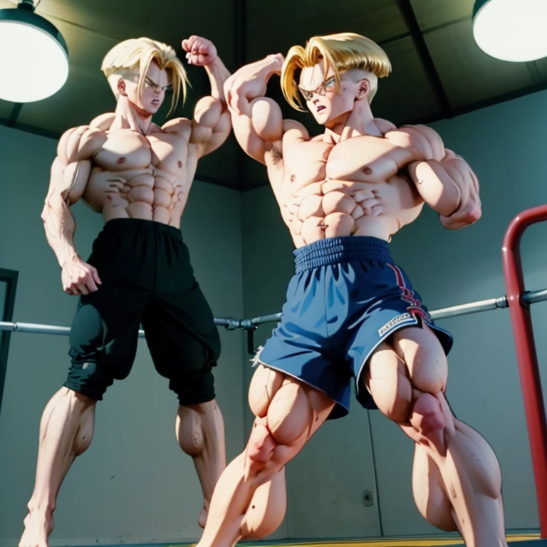 (Eine detaillierte Zeichnung von Trunks, bodybuilding gym.), shirtless, barefoot, fighting, stronger than any other, dominante Fight
