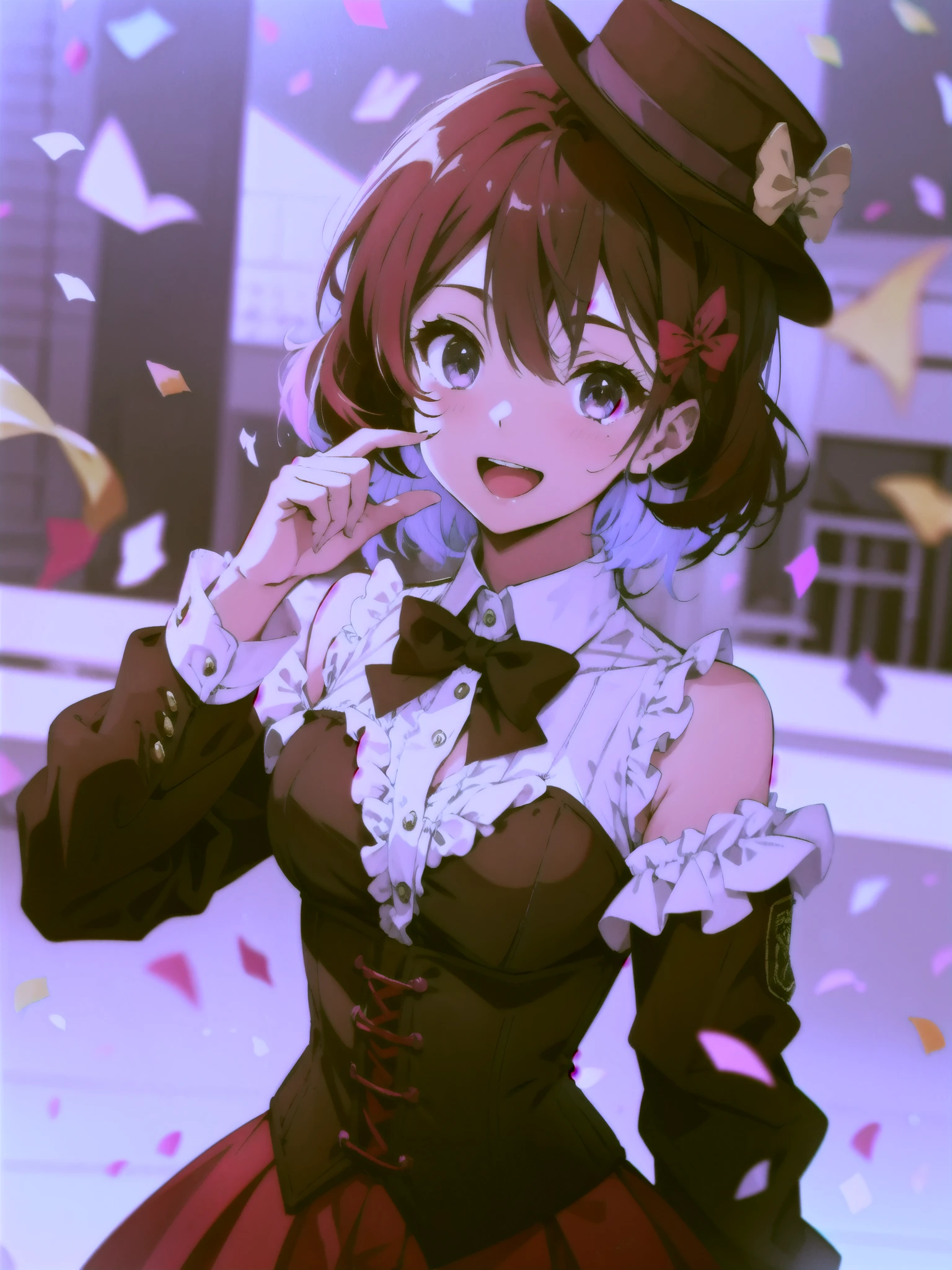 1girll, 白のbackground, A blue headdress, Blurry, blurryforeground, Blush, bow, neck bowtie, Breasts, centerfrills, Collared shirt, Confetti, Corset, facingviewer, frilld, hair adornments, hair pin, Hand up, Hat, Long sleeves, Medium hair, multicolored hair, Open mouth, shirt, Small breasts, Smile, Solo, Striped hair, Streamers, string of flags, Upper body, White shirt, cropped shoulders, Purple eyes