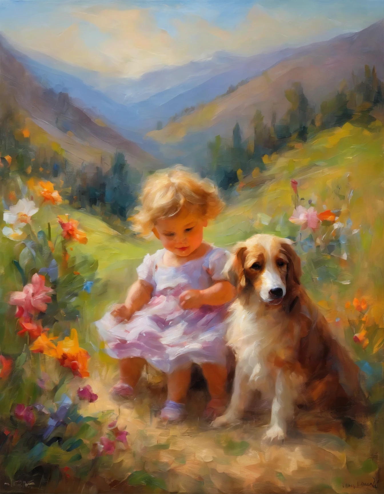 A beautiful cute  sitting in a mountain vally, expressing love with smiling face,  surrounding with flower plants & a pet dog, devine environment, summer season, masterpiece, ultradetail, 8k